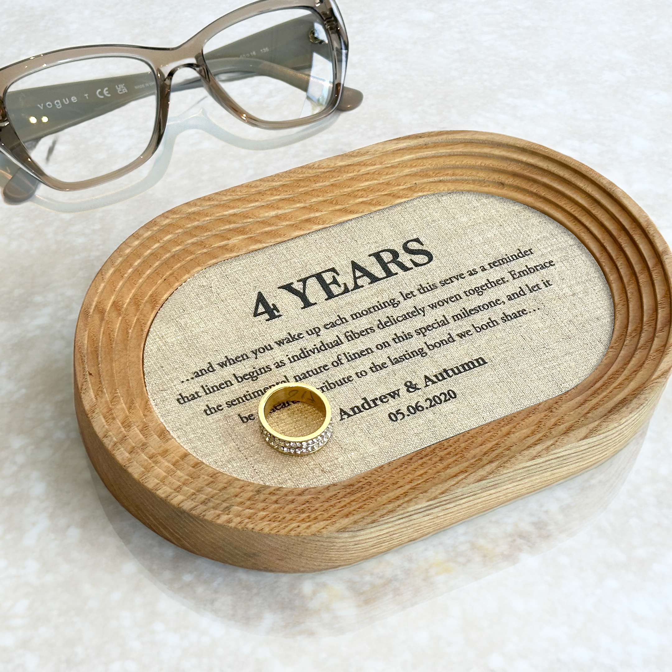 Customizable tray with wireless phone charging for 4th linen anniversary celebration -  iPhone/Samsung/Google phone compatible