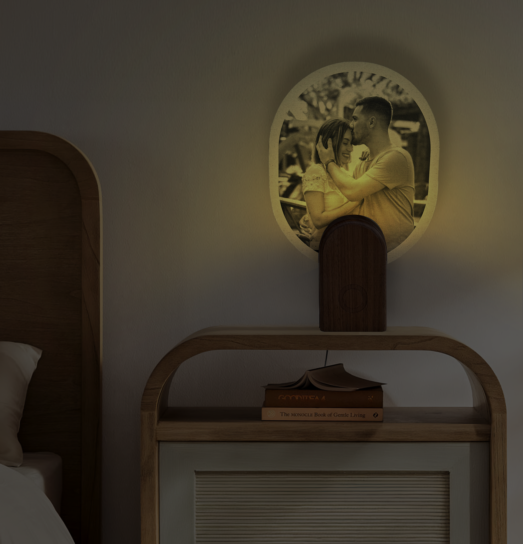 Photo night light on in a dark bedroom
