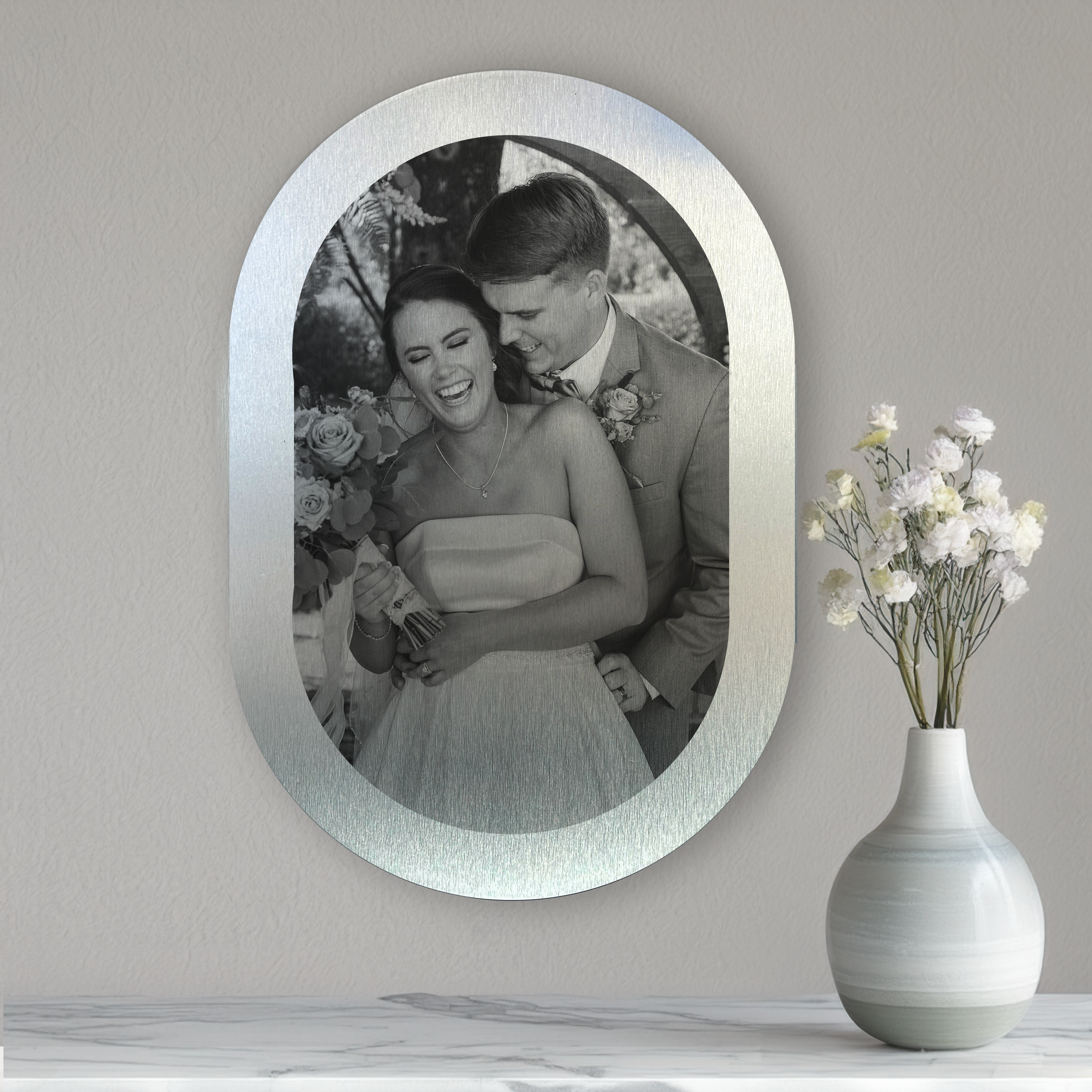 Aluminum wall art with black and white photo