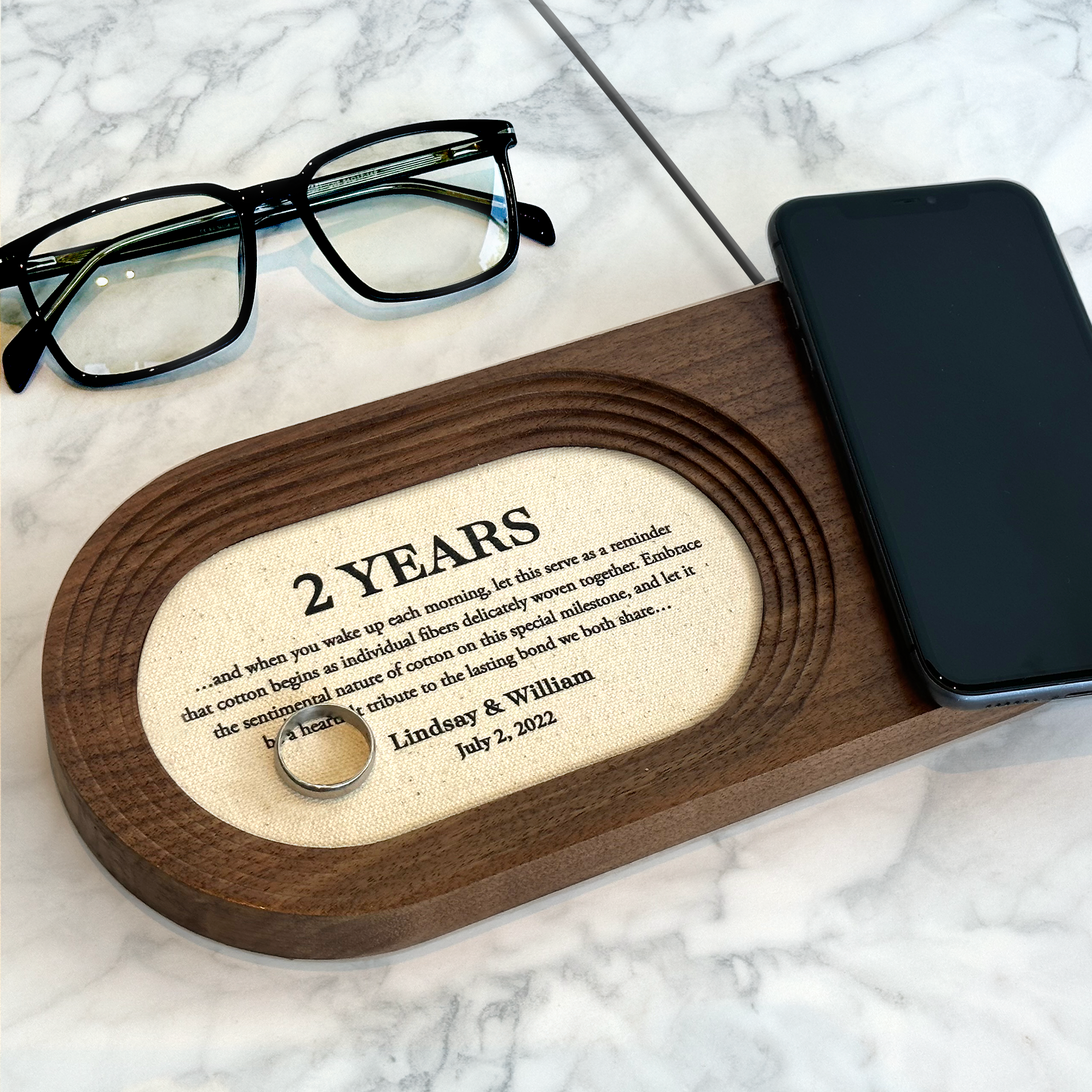 Walnut and cotton tray with wireless phone charging for 2nd Anniversary
