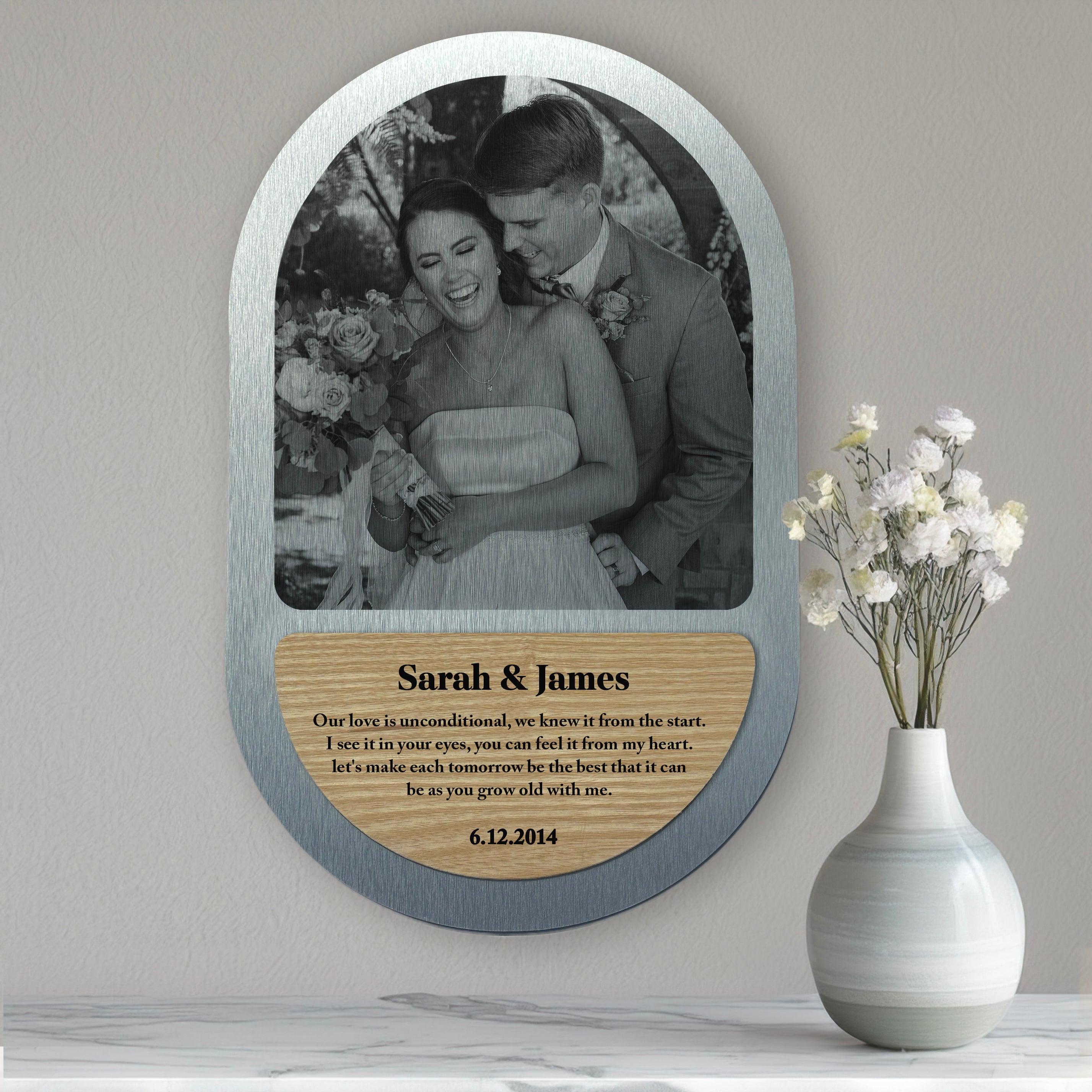 Aluminum wall art with black and white photo with text customization