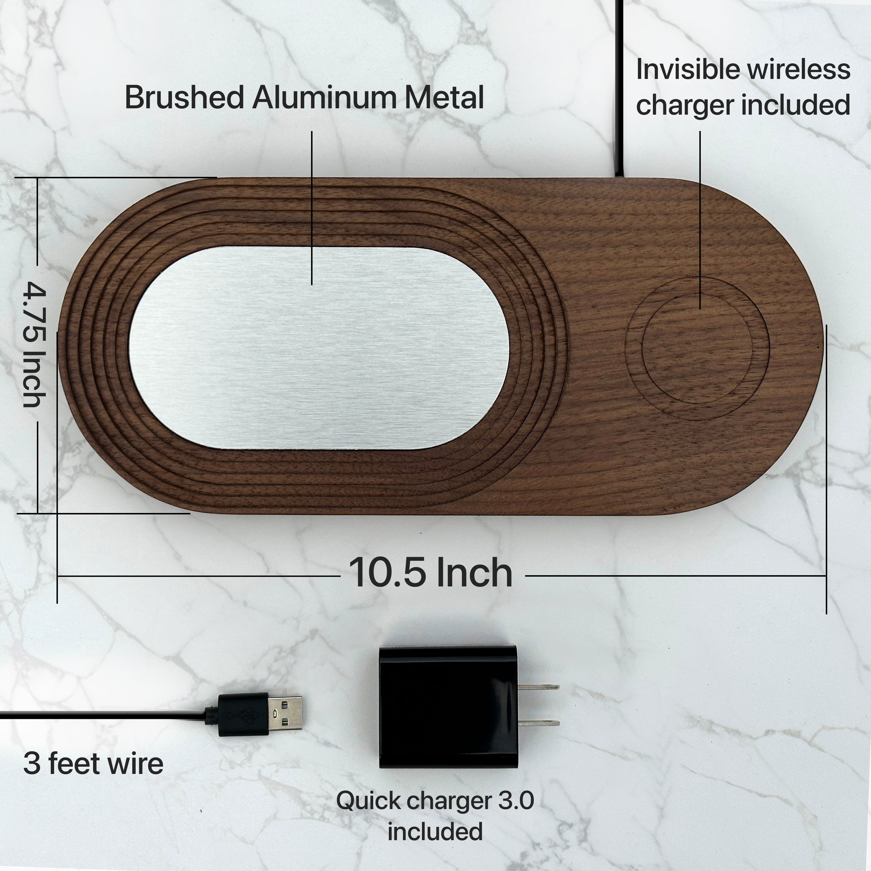Charging tray specifications - 4.75x10.5 with 3 feet wire and quick charger adaptor