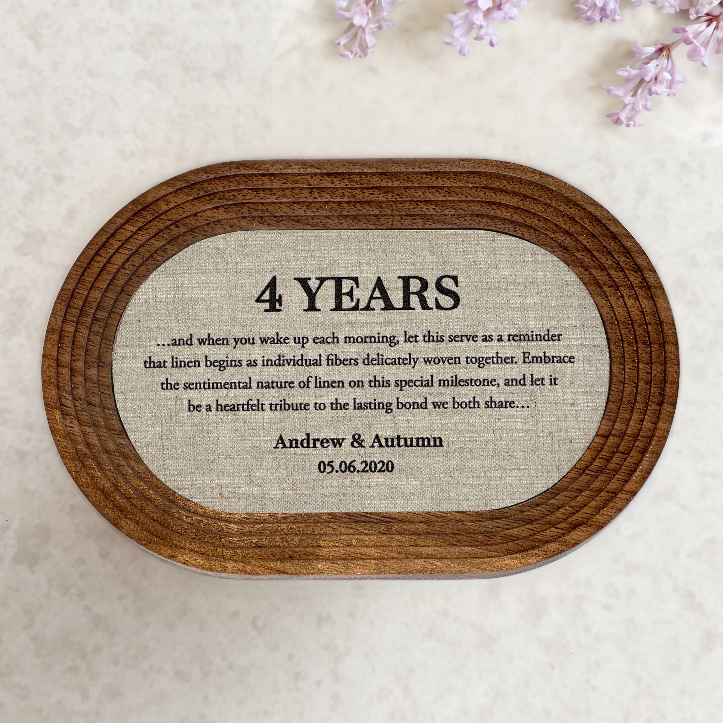 Customizable tray with wireless phone charging for 4th linen anniversary celebration -  iPhone/Samsung/Google phone compatible