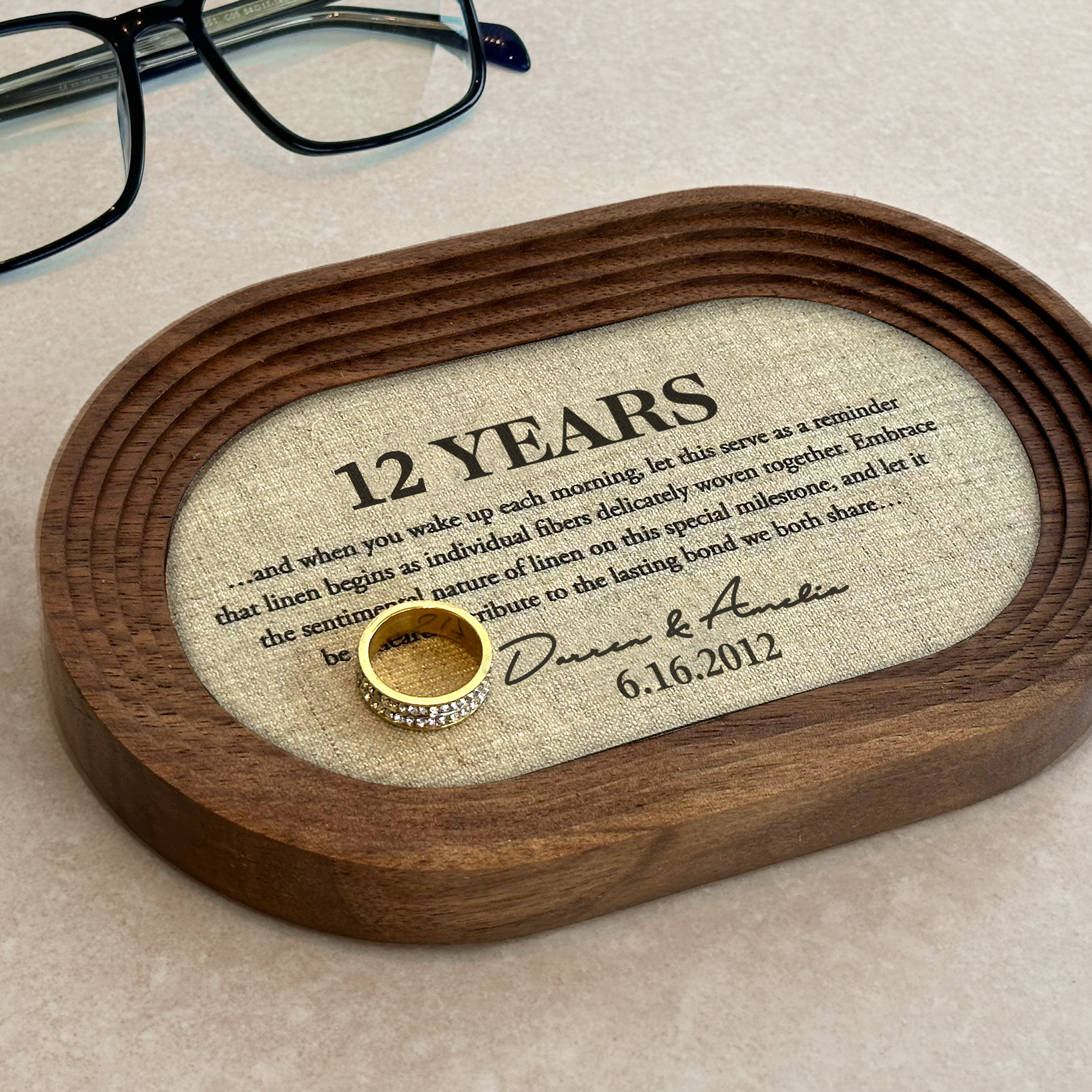 Customizable catchall tray with linen for 12 year anniversary celebration